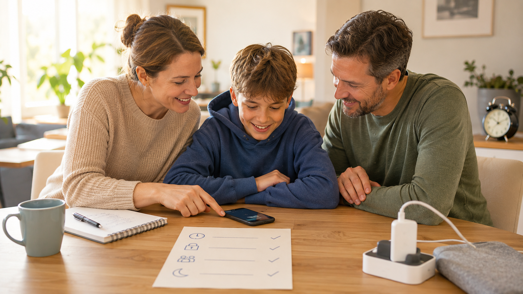 Familie richtet gemeinsam ein Smartphone ein