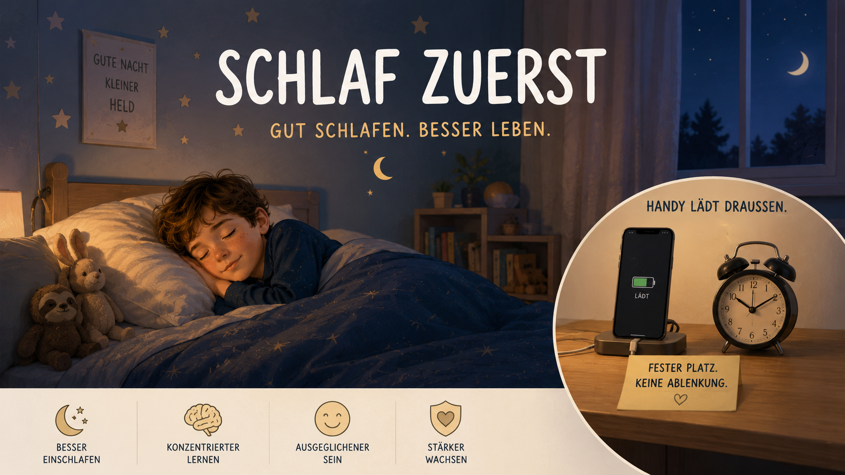 Handy lädt außerhalb des Kinderzimmers – Kind schläft ruhig